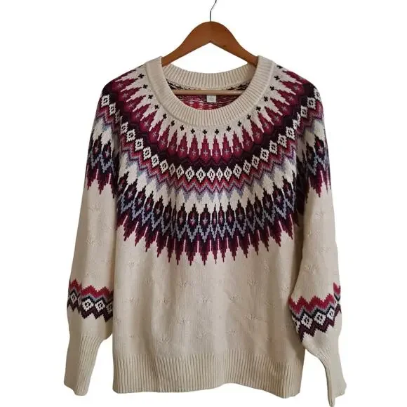 Sundance Eloise Fair Isle Sweater Wool Blend Knit Coconut Multi Women's Size L - Picture 2 of 11
